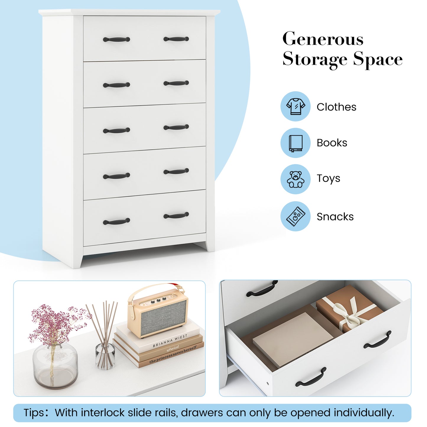 Tall 5-Drawer Dresser with Wood Top, Farmhouse Storage Cabinet for Bedroom or Living Room – White