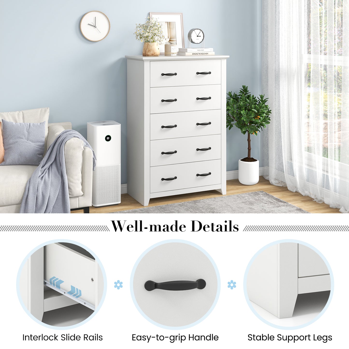 Tall 5-Drawer Dresser with Wood Top, Farmhouse Storage Cabinet for Bedroom or Living Room – White