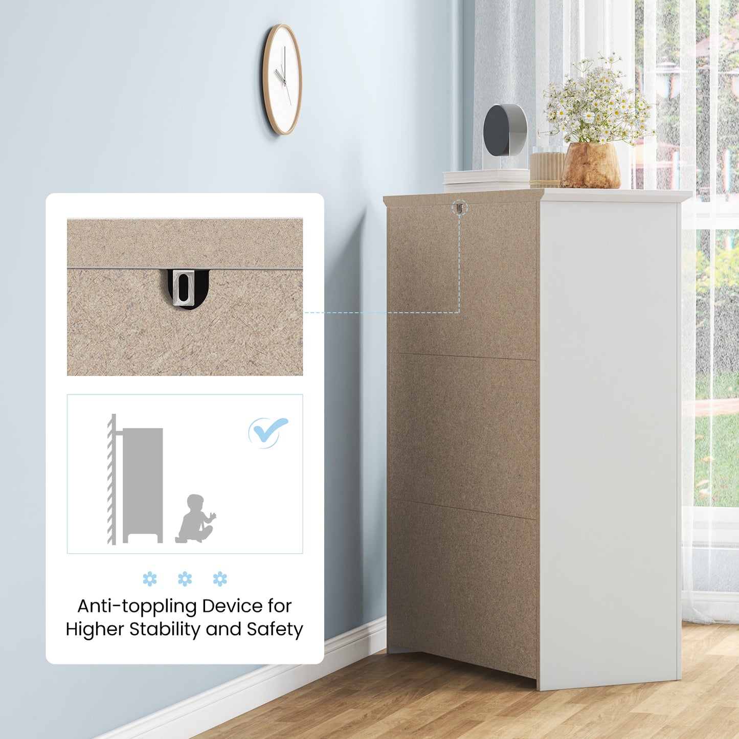 Tall 5-Drawer Dresser with Wood Top, Farmhouse Storage Cabinet for Bedroom or Living Room – White