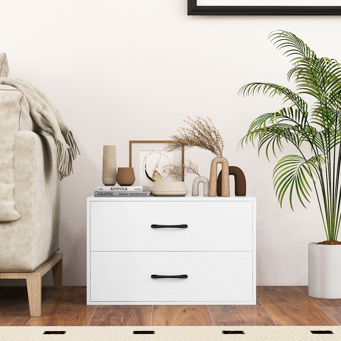 Modern 2-Drawer Stackable Storage Chest with Handles, Wooden Horizontal Dresser Cabinet – White