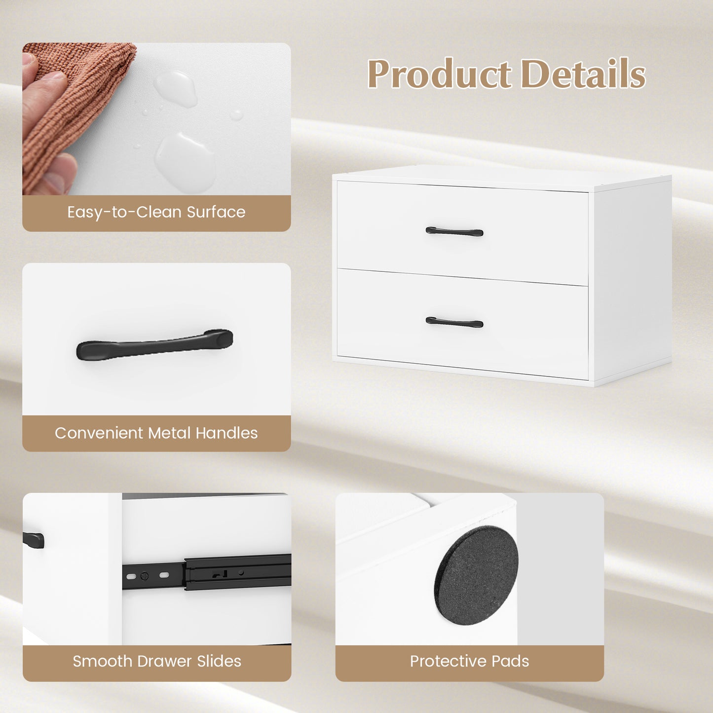 Modern 2-Drawer Stackable Storage Chest with Handles, Wooden Horizontal Dresser Cabinet – White