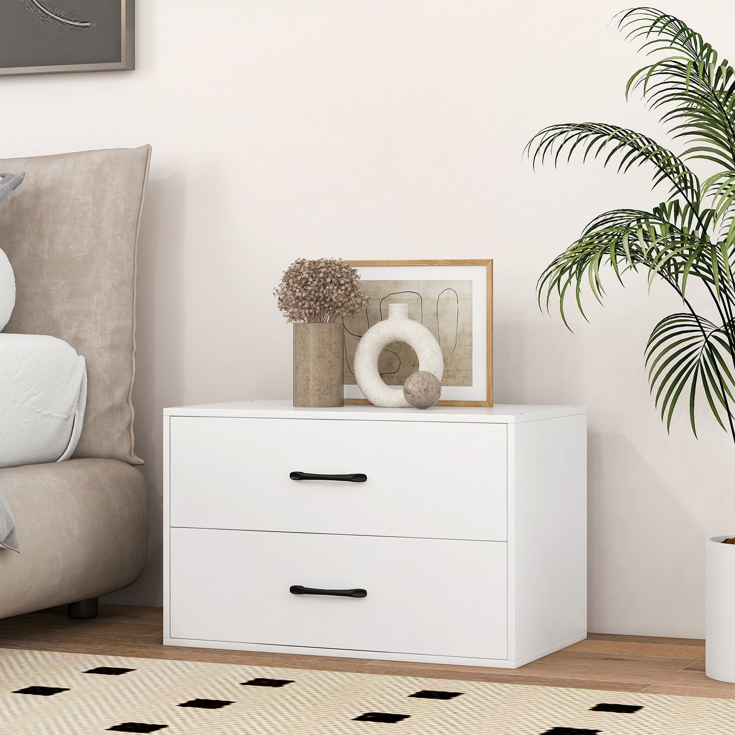 Modern 2-Drawer Stackable Storage Chest with Handles, Wooden Horizontal Dresser Cabinet – White