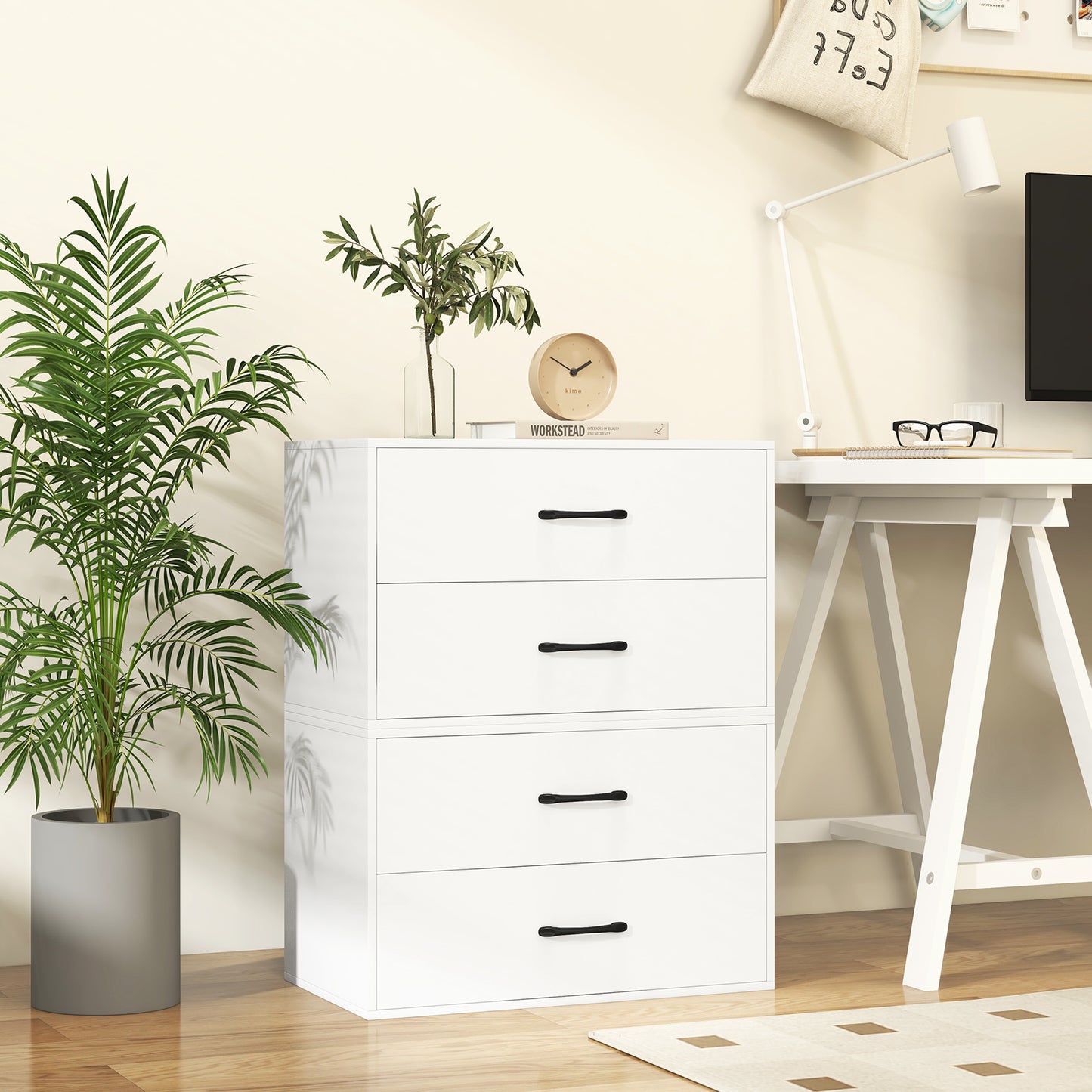 Modern 2-Drawer Stackable Storage Chest with Handles, Wooden Horizontal Dresser Cabinet – White
