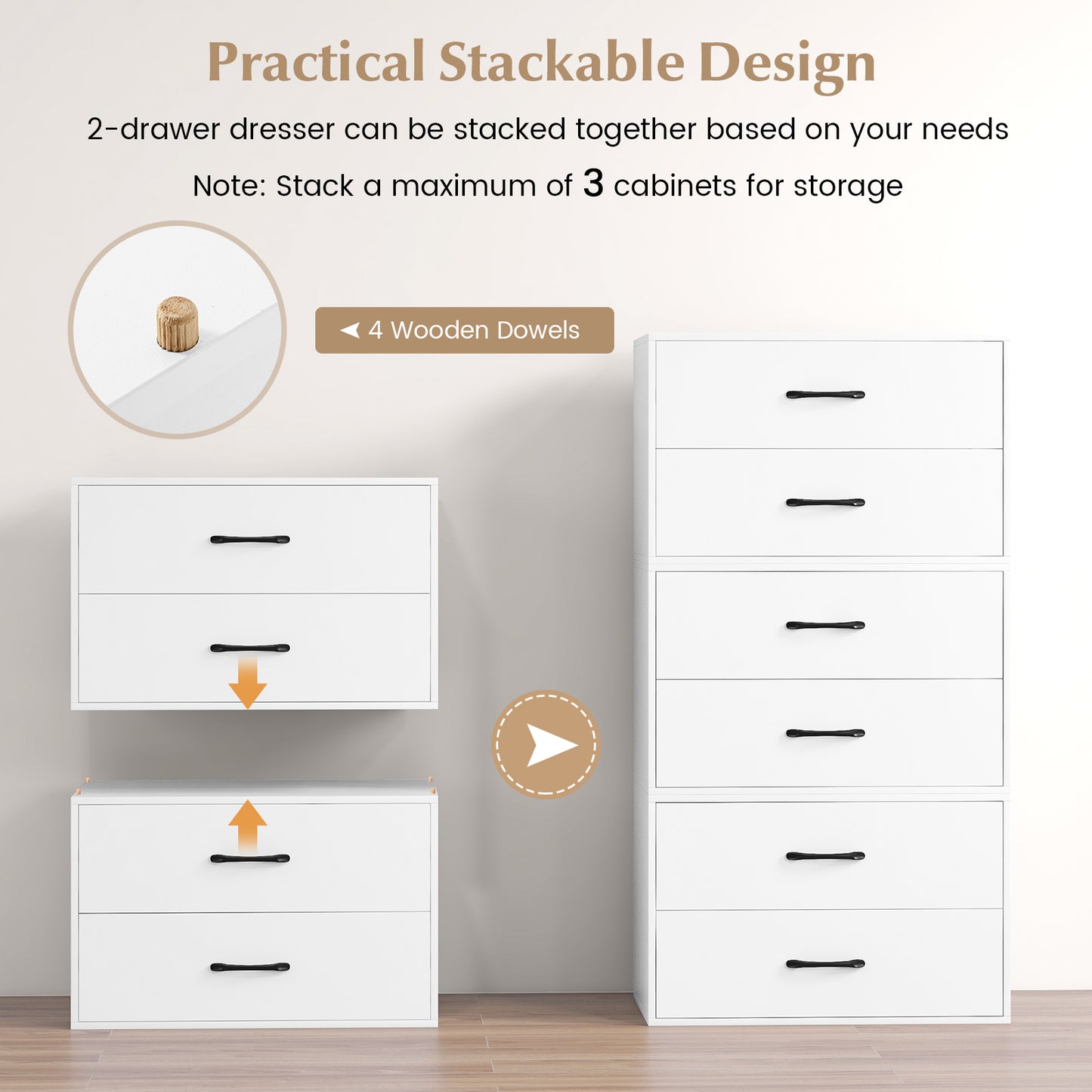 Modern 2-Drawer Stackable Storage Chest with Handles, Wooden Horizontal Dresser Cabinet – White