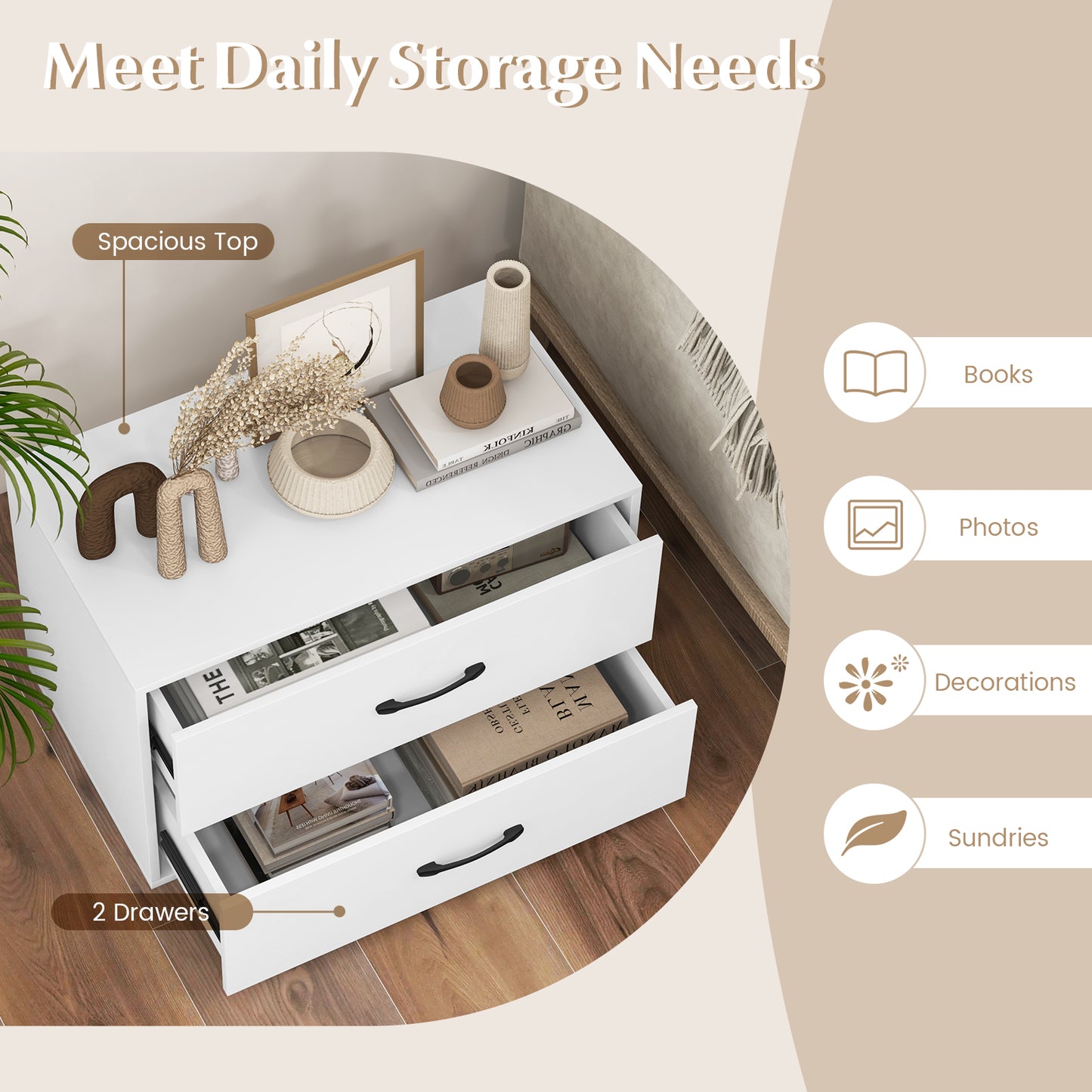 Modern 2-Drawer Stackable Storage Chest with Handles, Wooden Horizontal Dresser Cabinet – White