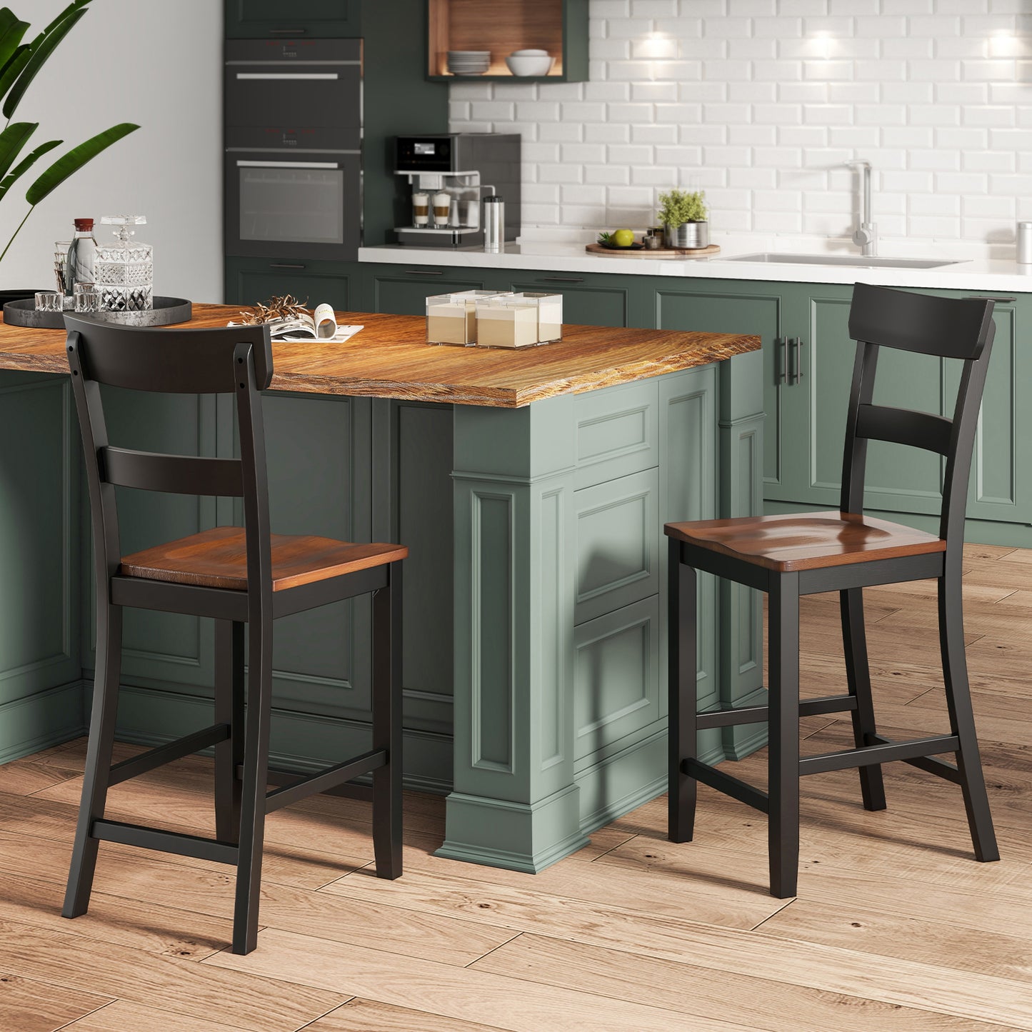 Farmhouse Dining Bar Stool Set of 2 with Solid Rubber Wood Frame - Black