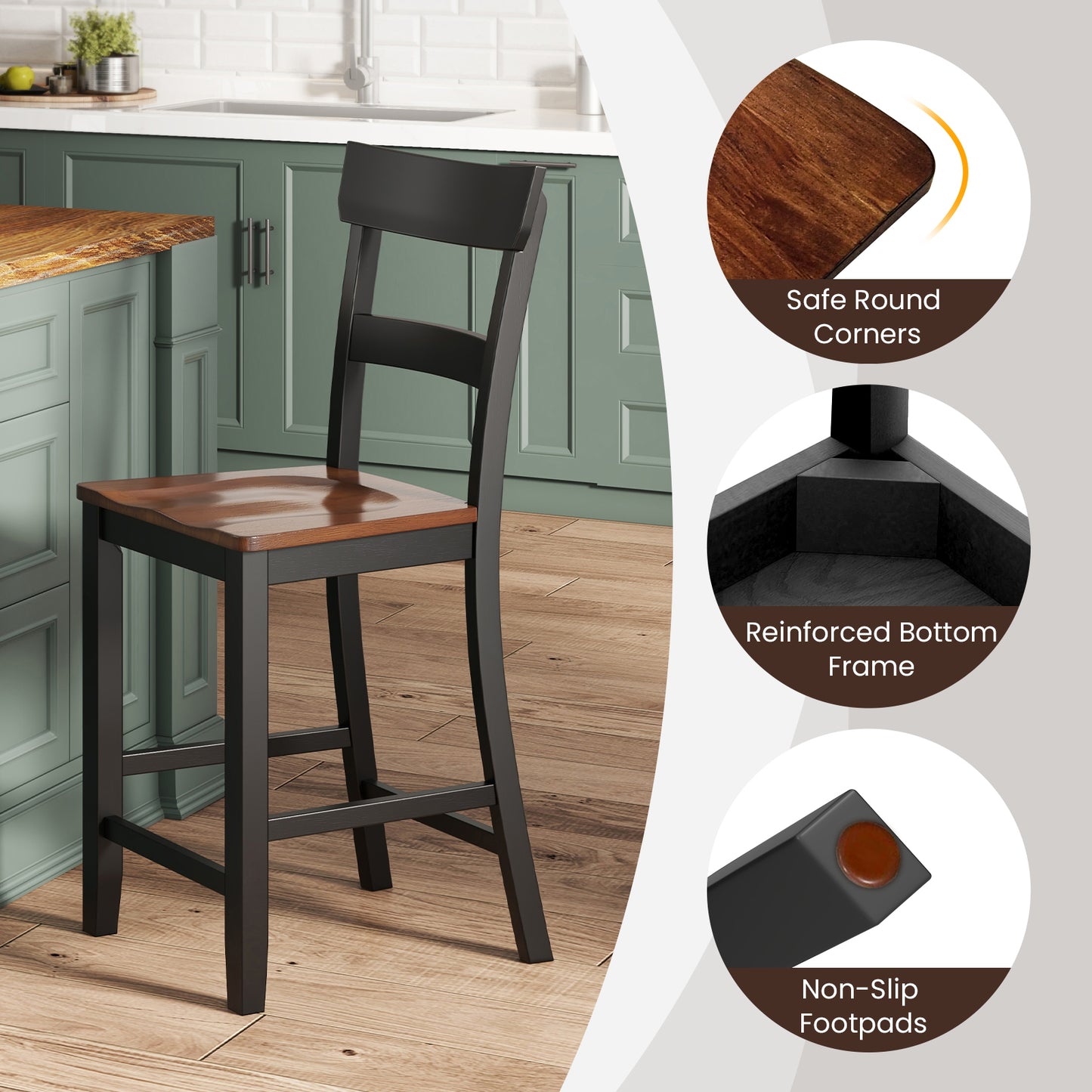 Farmhouse Dining Bar Stool Set of 2 with Solid Rubber Wood Frame - Black
