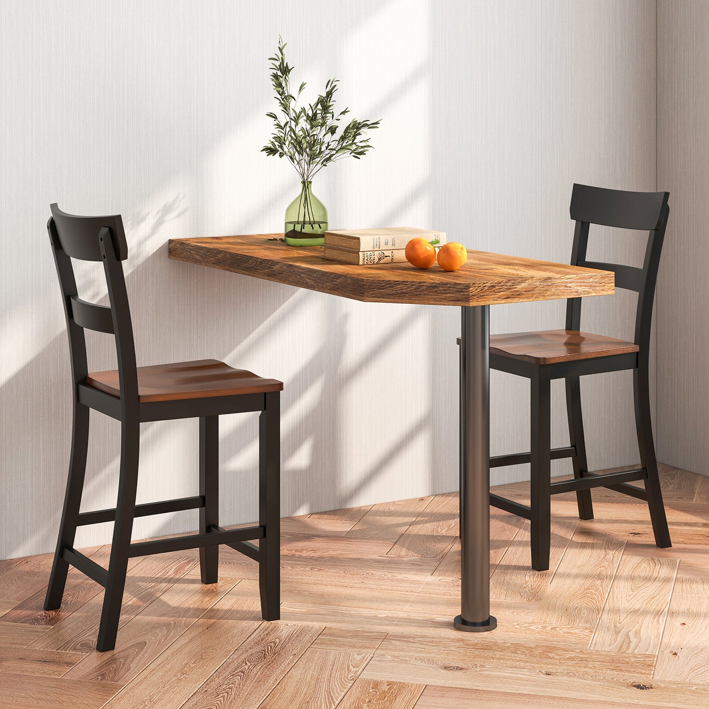 Farmhouse Dining Bar Stool Set of 2 with Solid Rubber Wood Frame - Black