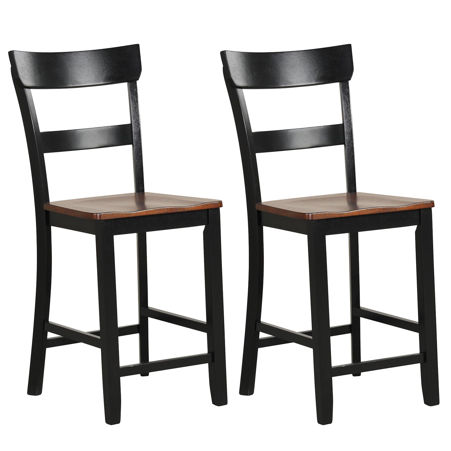 Farmhouse Dining Bar Stool Set of 2 with Solid Rubber Wood Frame - Black