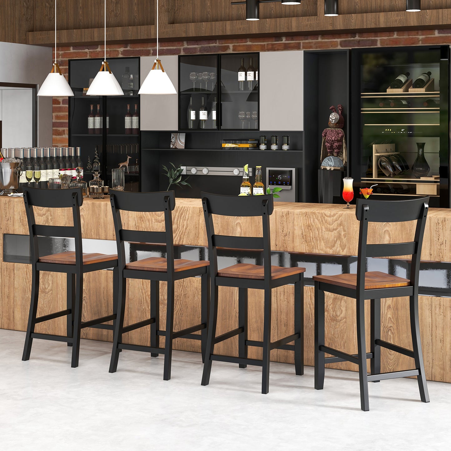 Farmhouse Dining Bar Stool Set of 2 with Solid Rubber Wood Frame - Black