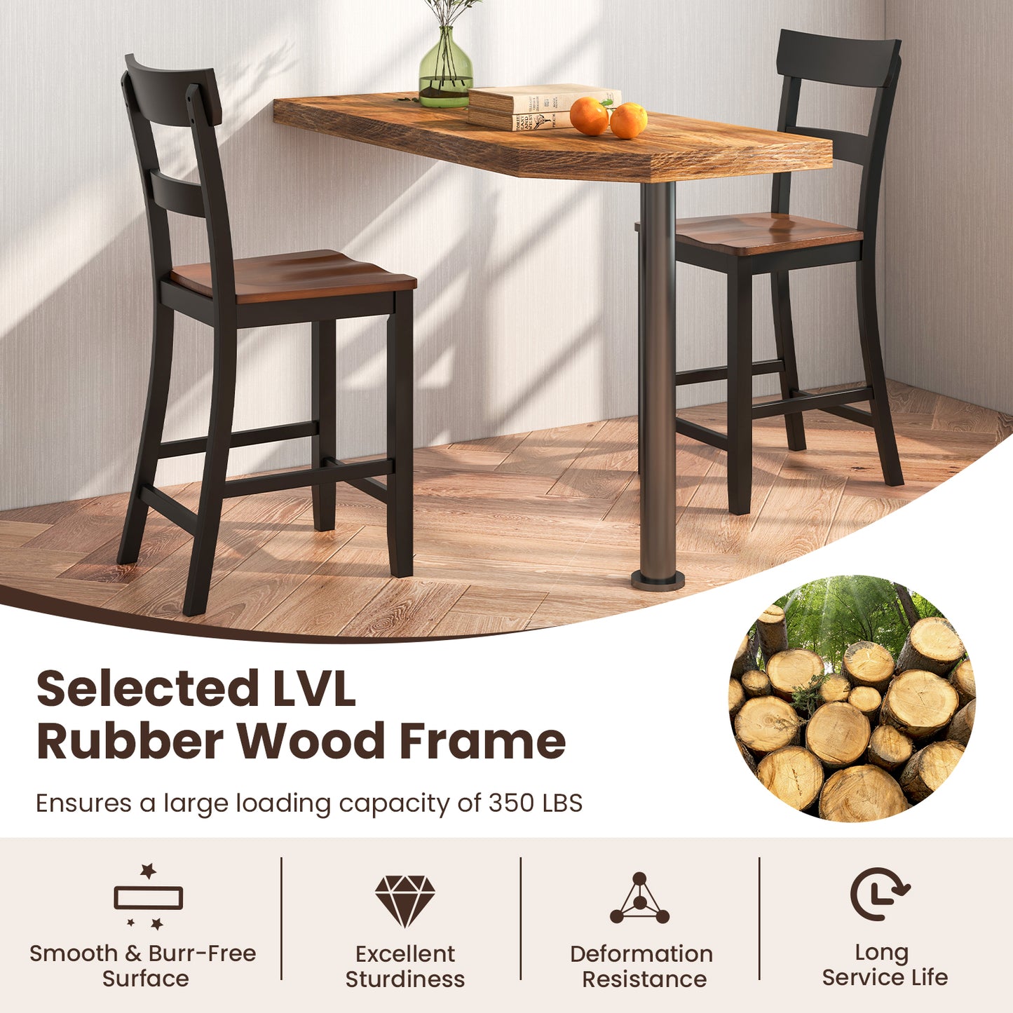 Farmhouse Dining Bar Stool Set of 2 with Solid Rubber Wood Frame - Black