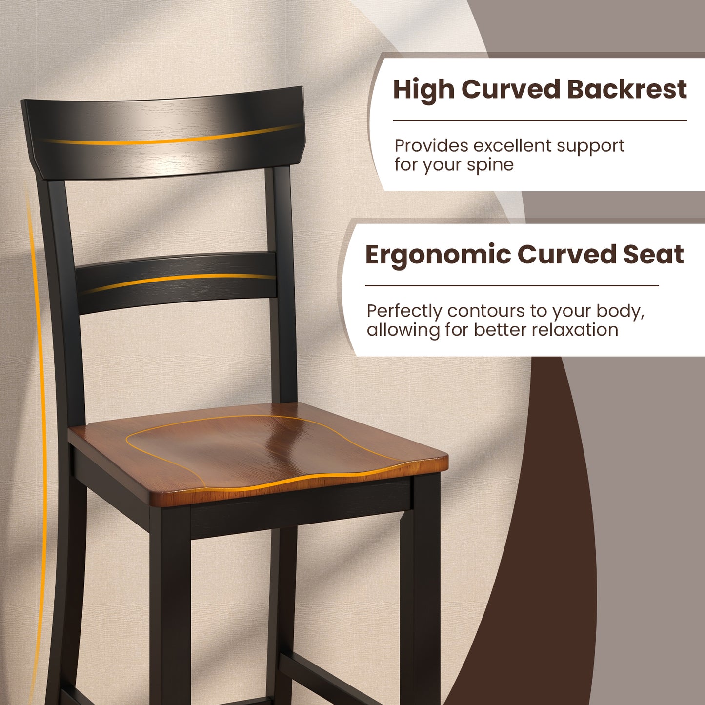 Farmhouse Dining Bar Stool Set of 2 with Solid Rubber Wood Frame - Black