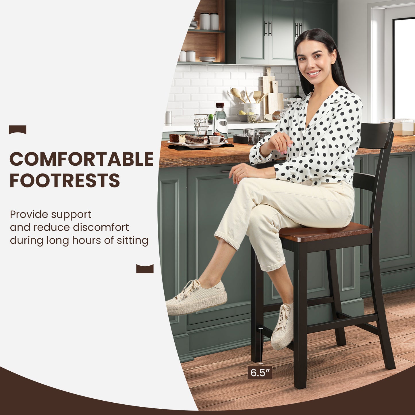 Farmhouse Dining Bar Stool Set of 2 with Solid Rubber Wood Frame - Black