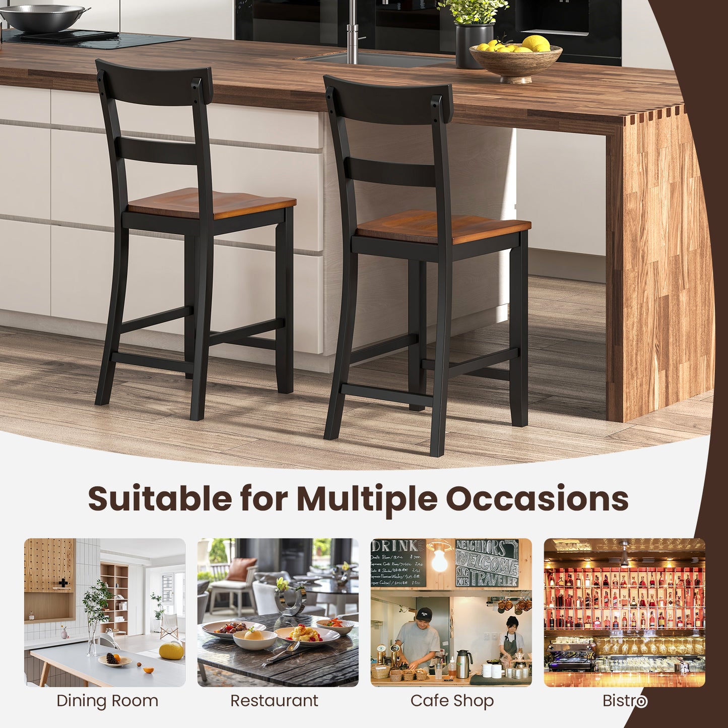 Farmhouse Dining Bar Stool Set of 2 with Solid Rubber Wood Frame - Black