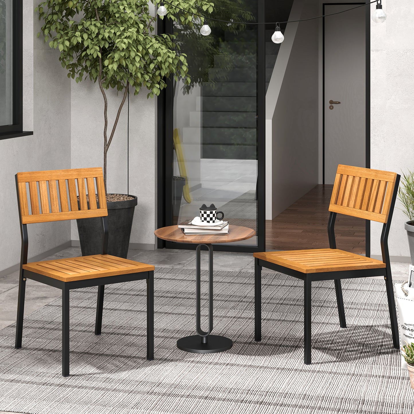 Outdoor Dining Chairs with Acacia Wood Seat and Sturdy Metal Frame for Patio or Garden, Set of 2