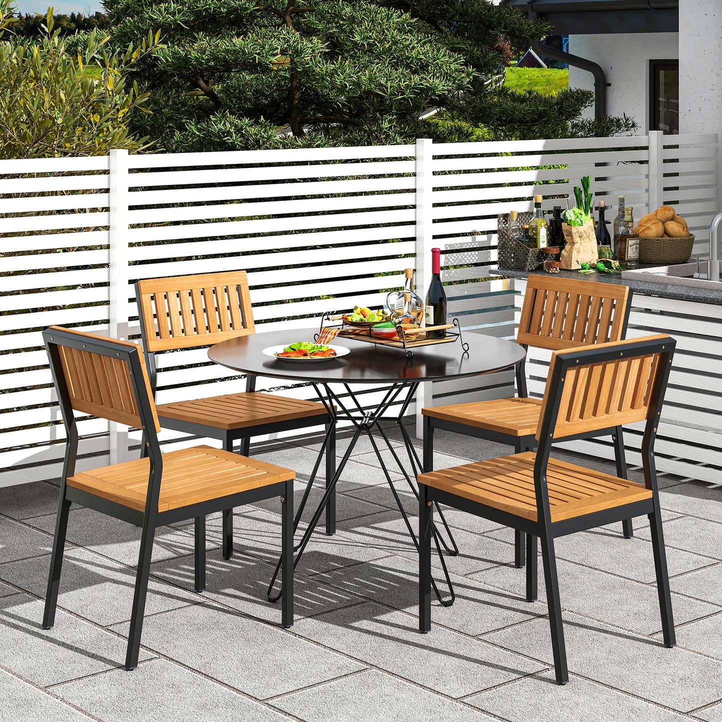 Outdoor Dining Chairs with Acacia Wood Seat and Sturdy Metal Frame for Patio or Garden, Set of 2