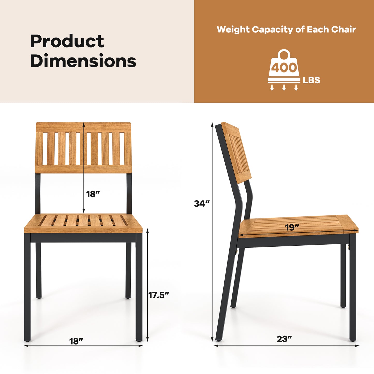 Outdoor Dining Chairs with Acacia Wood Seat and Sturdy Metal Frame for Patio or Garden, Set of 2