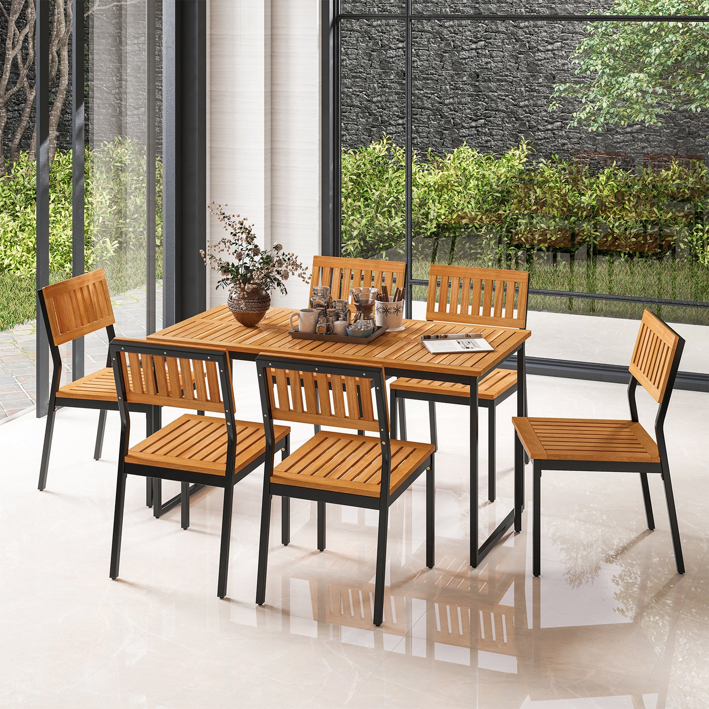 Outdoor Dining Chairs with Acacia Wood Seat and Sturdy Metal Frame for Patio or Garden, Set of 2