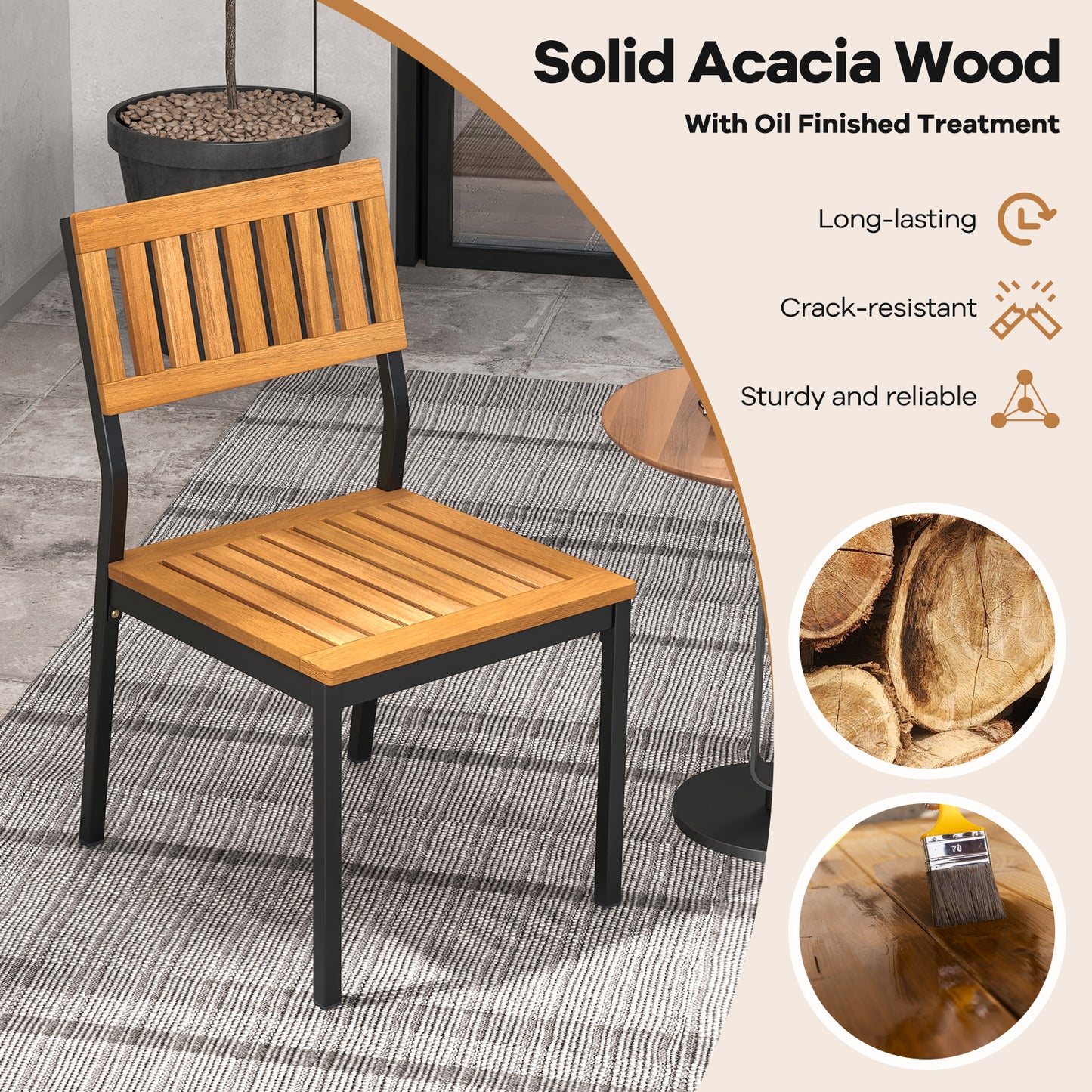 Outdoor Dining Chairs with Acacia Wood Seat and Sturdy Metal Frame for Patio or Garden, Set of 2