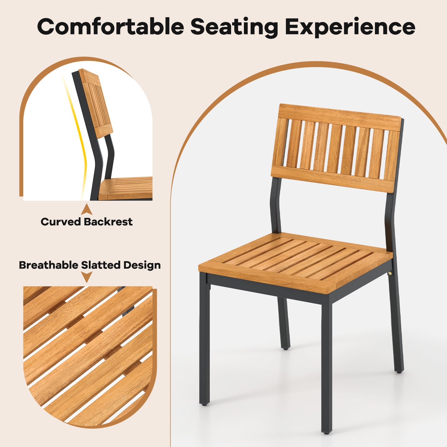 Outdoor Dining Chairs with Acacia Wood Seat and Sturdy Metal Frame for Patio or Garden, Set of 2