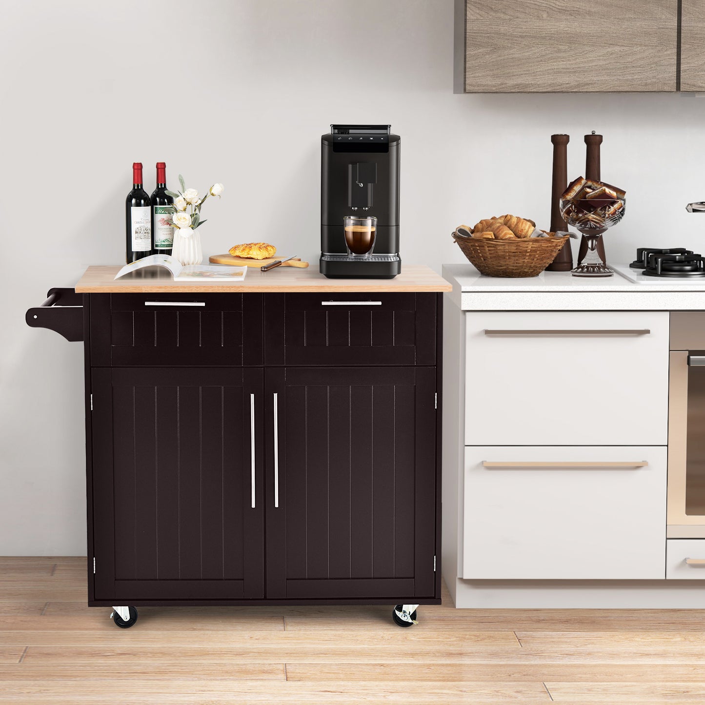 Premium Rolling Kitchen Storage Cart with Tower Holder Drawer and Towel Rack - Brown