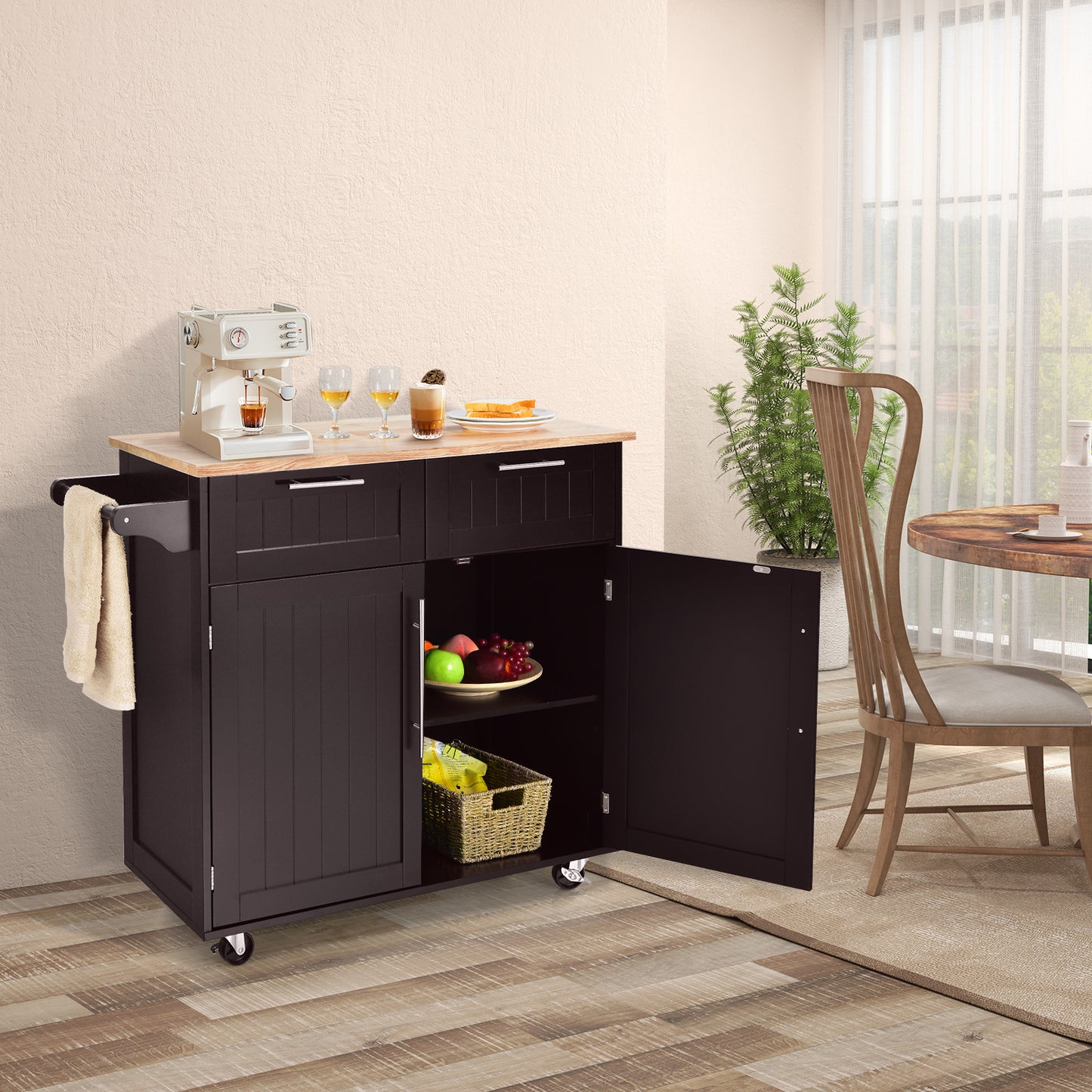 Premium Rolling Kitchen Storage Cart with Tower Holder Drawer and Towel Rack - Brown