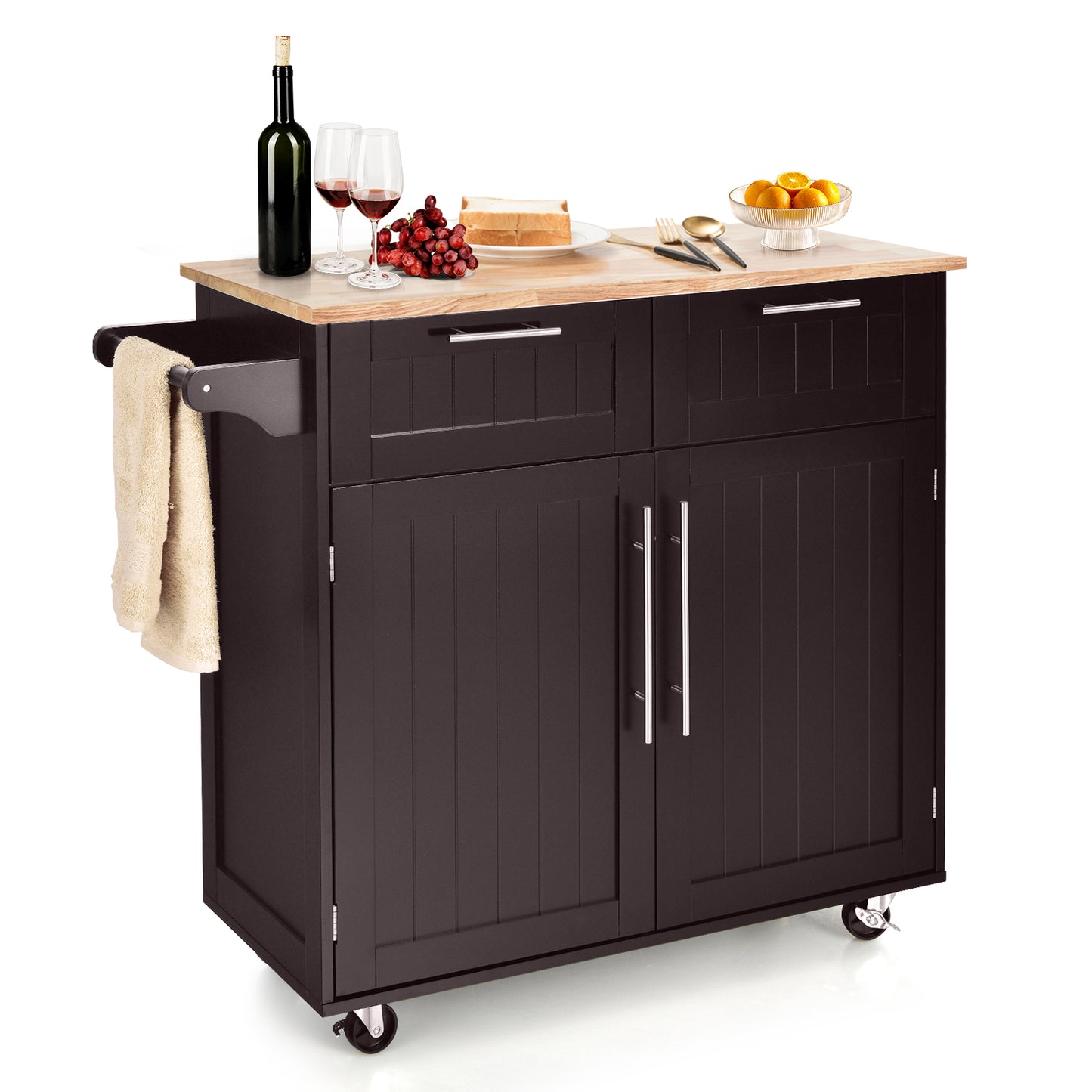 Premium Rolling Kitchen Storage Cart with Tower Holder Drawer and Towel Rack - Brown
