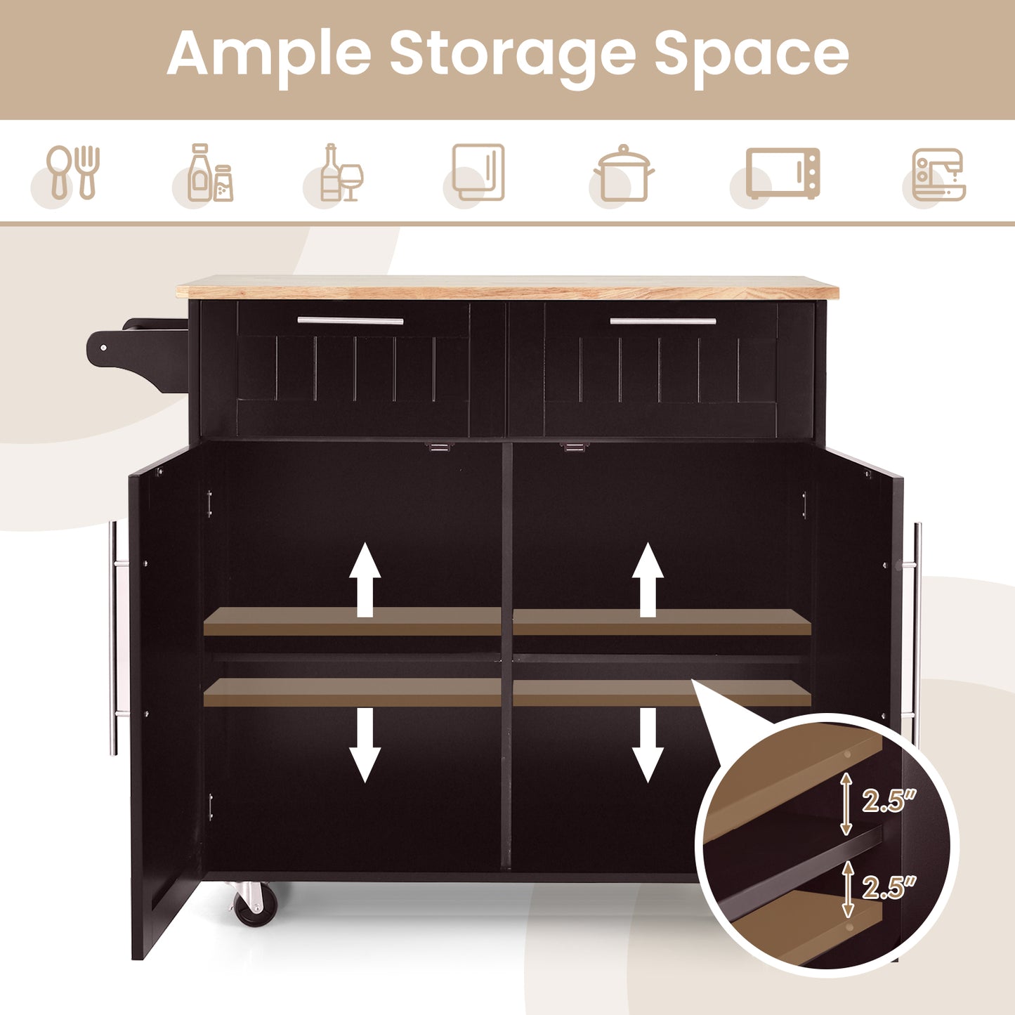 Premium Rolling Kitchen Storage Cart with Tower Holder Drawer and Towel Rack - Brown