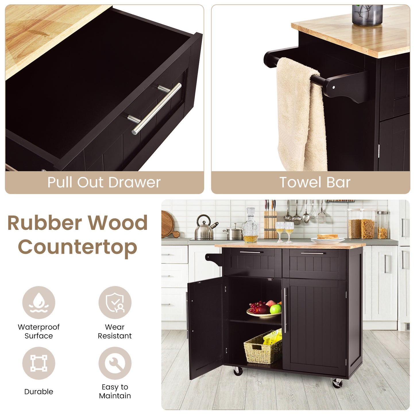 Premium Rolling Kitchen Storage Cart with Tower Holder Drawer and Towel Rack - Brown