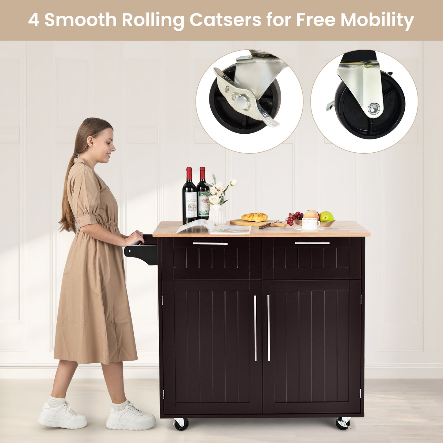 Premium Rolling Kitchen Storage Cart with Tower Holder Drawer and Towel Rack - Brown