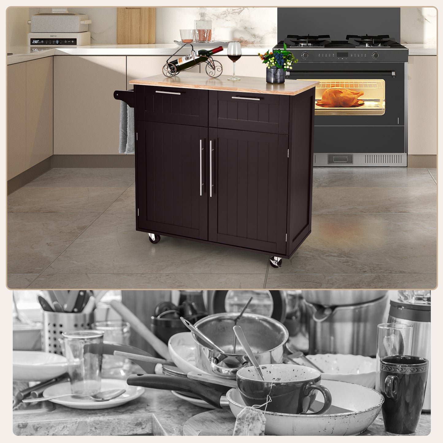 Premium Rolling Kitchen Storage Cart with Tower Holder Drawer and Towel Rack - Brown