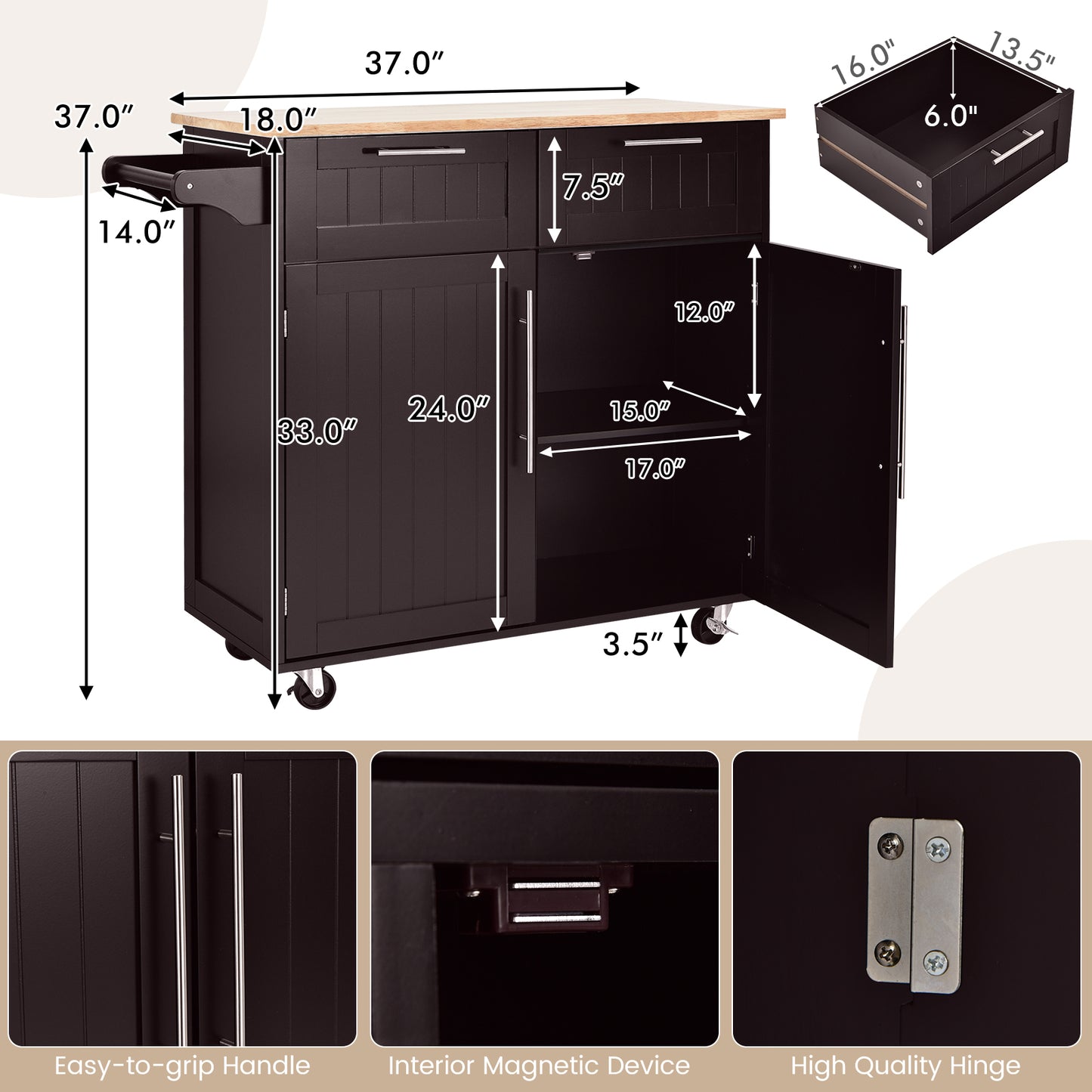 Premium Rolling Kitchen Storage Cart with Tower Holder Drawer and Towel Rack - Brown