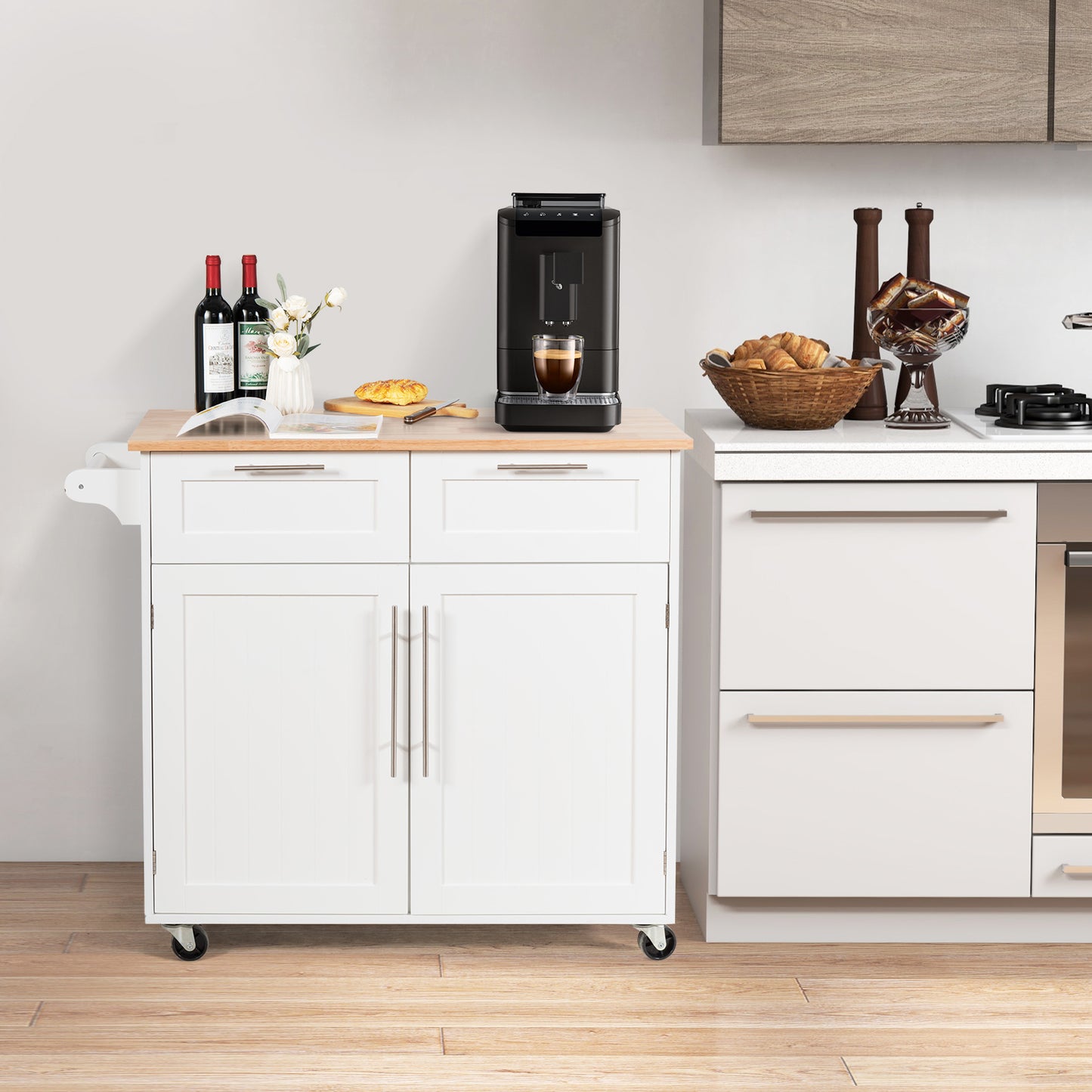 Premium Rolling Kitchen Storage Cart with Tower Holder Drawer and Towel Rack - White