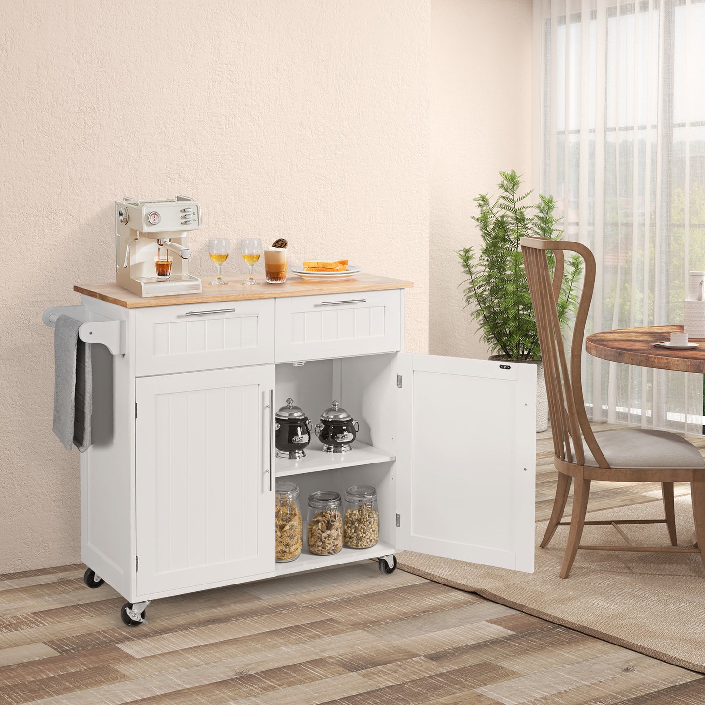 Premium Rolling Kitchen Storage Cart with Tower Holder Drawer and Towel Rack - White