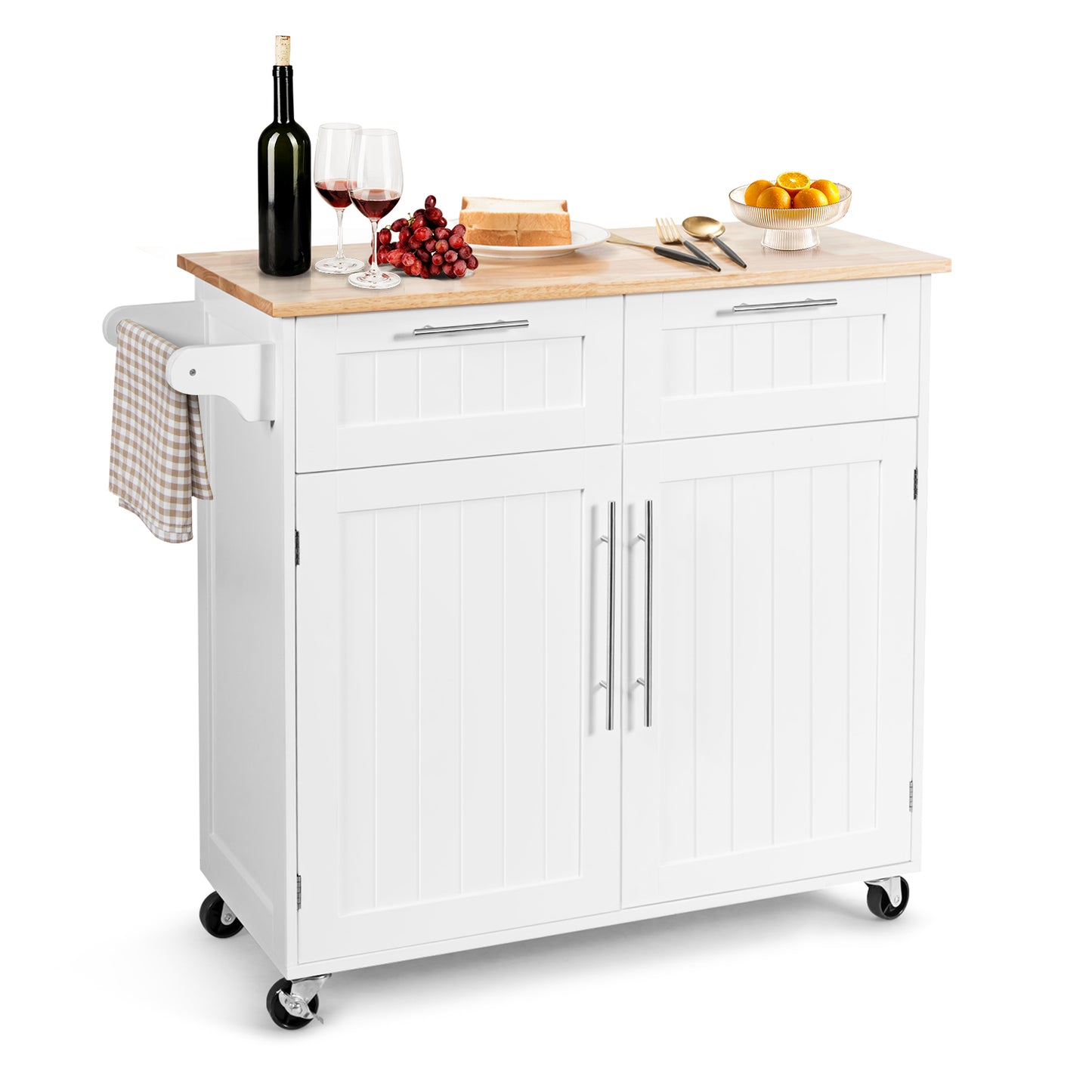 Premium Rolling Kitchen Storage Cart with Tower Holder Drawer and Towel Rack - White