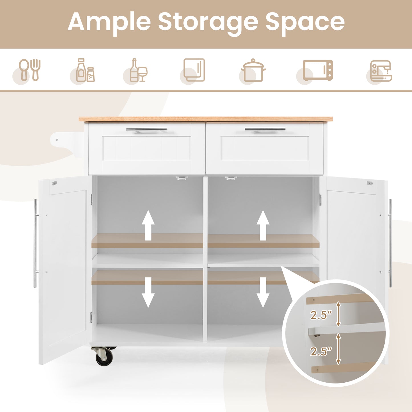 Premium Rolling Kitchen Storage Cart with Tower Holder Drawer and Towel Rack - White