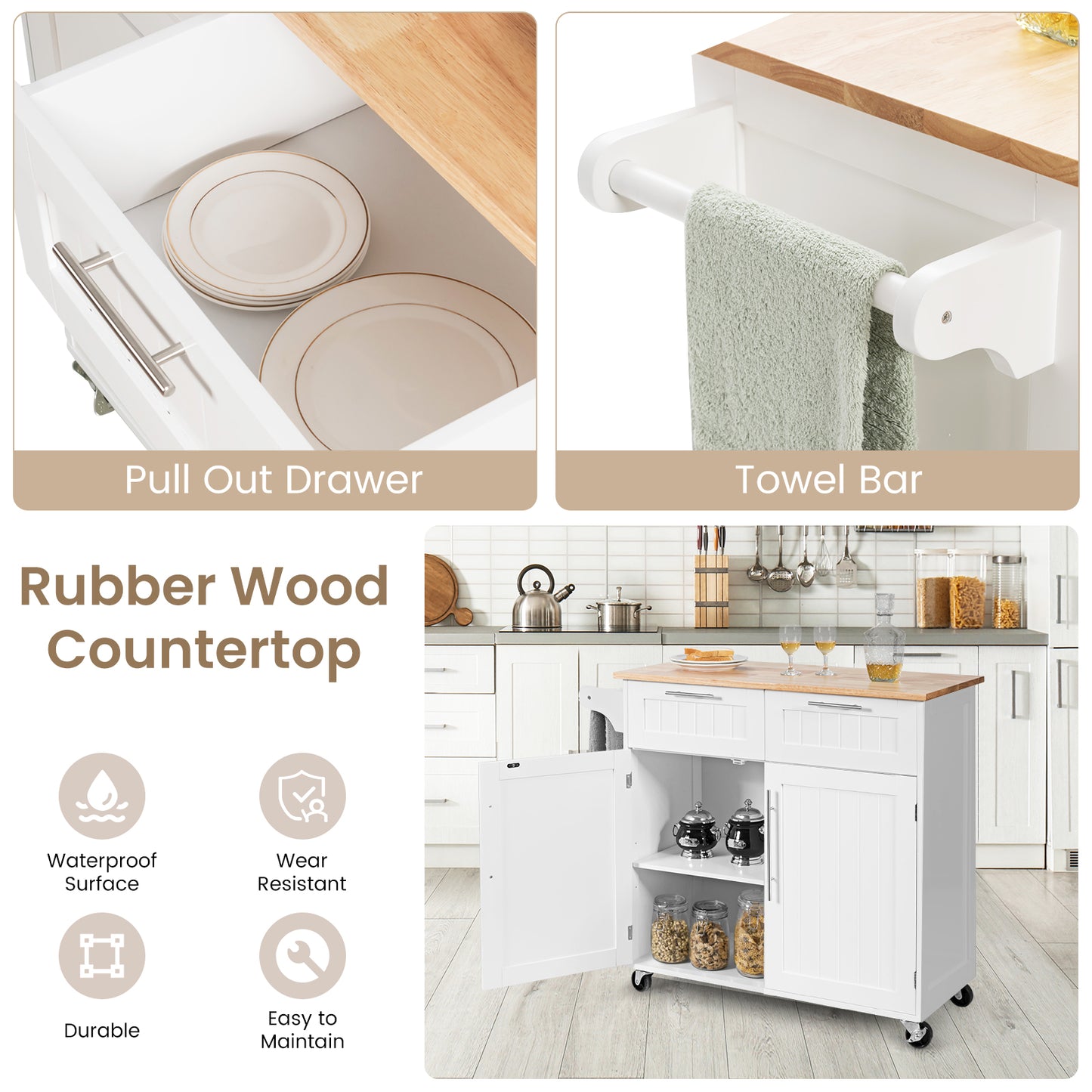 Premium Rolling Kitchen Storage Cart with Tower Holder Drawer and Towel Rack - White