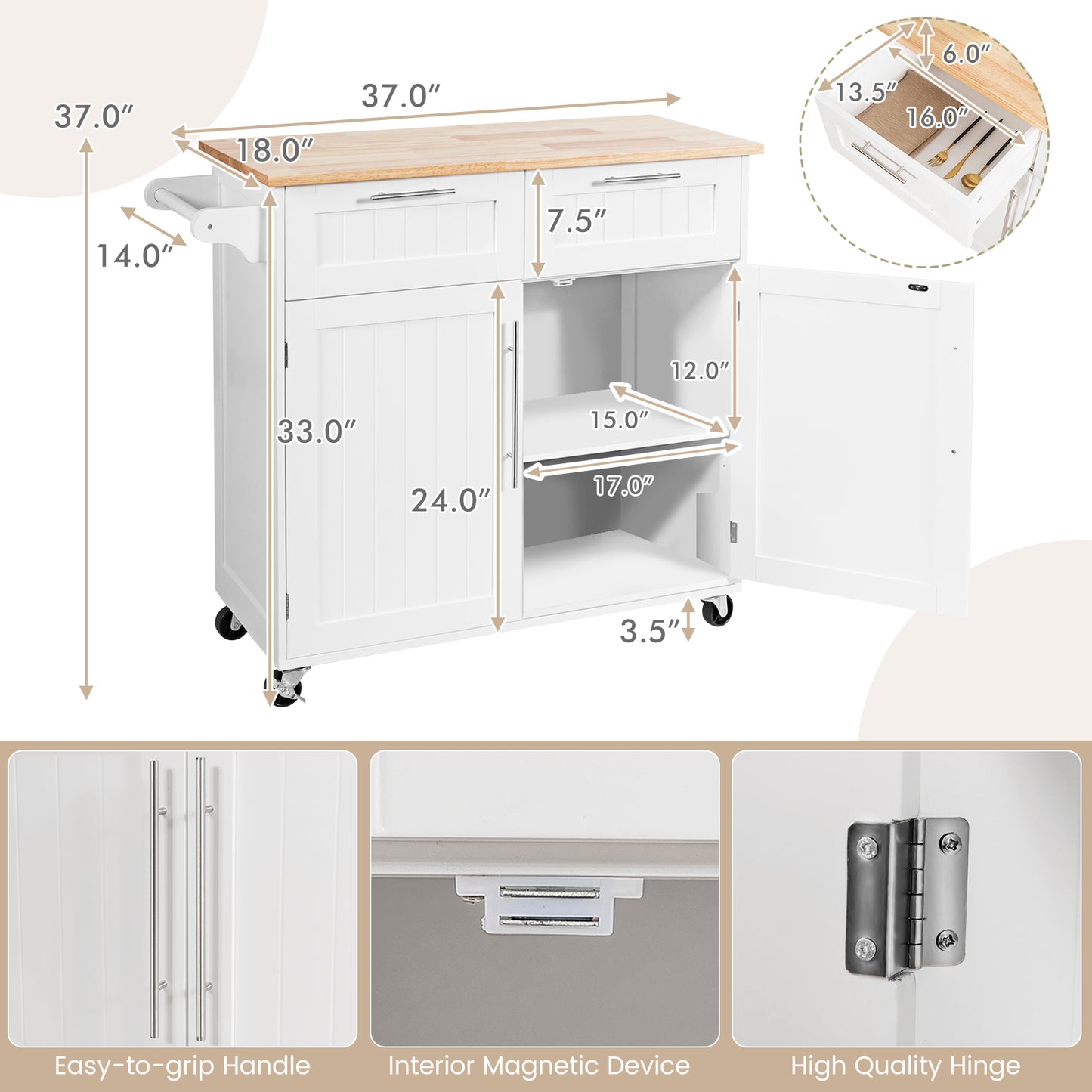 Premium Rolling Kitchen Storage Cart with Tower Holder Drawer and Towel Rack - White