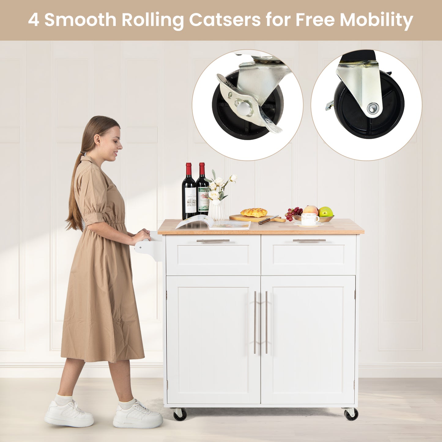 Premium Rolling Kitchen Storage Cart with Tower Holder Drawer and Towel Rack - White