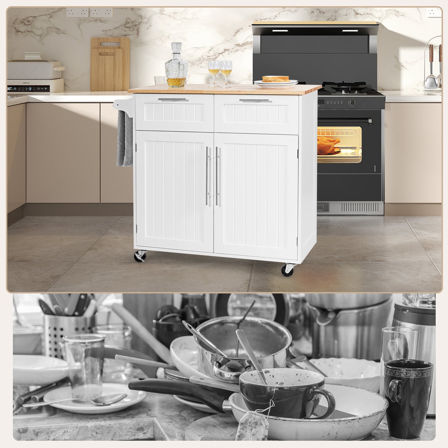Premium Rolling Kitchen Storage Cart with Tower Holder Drawer and Towel Rack - White
