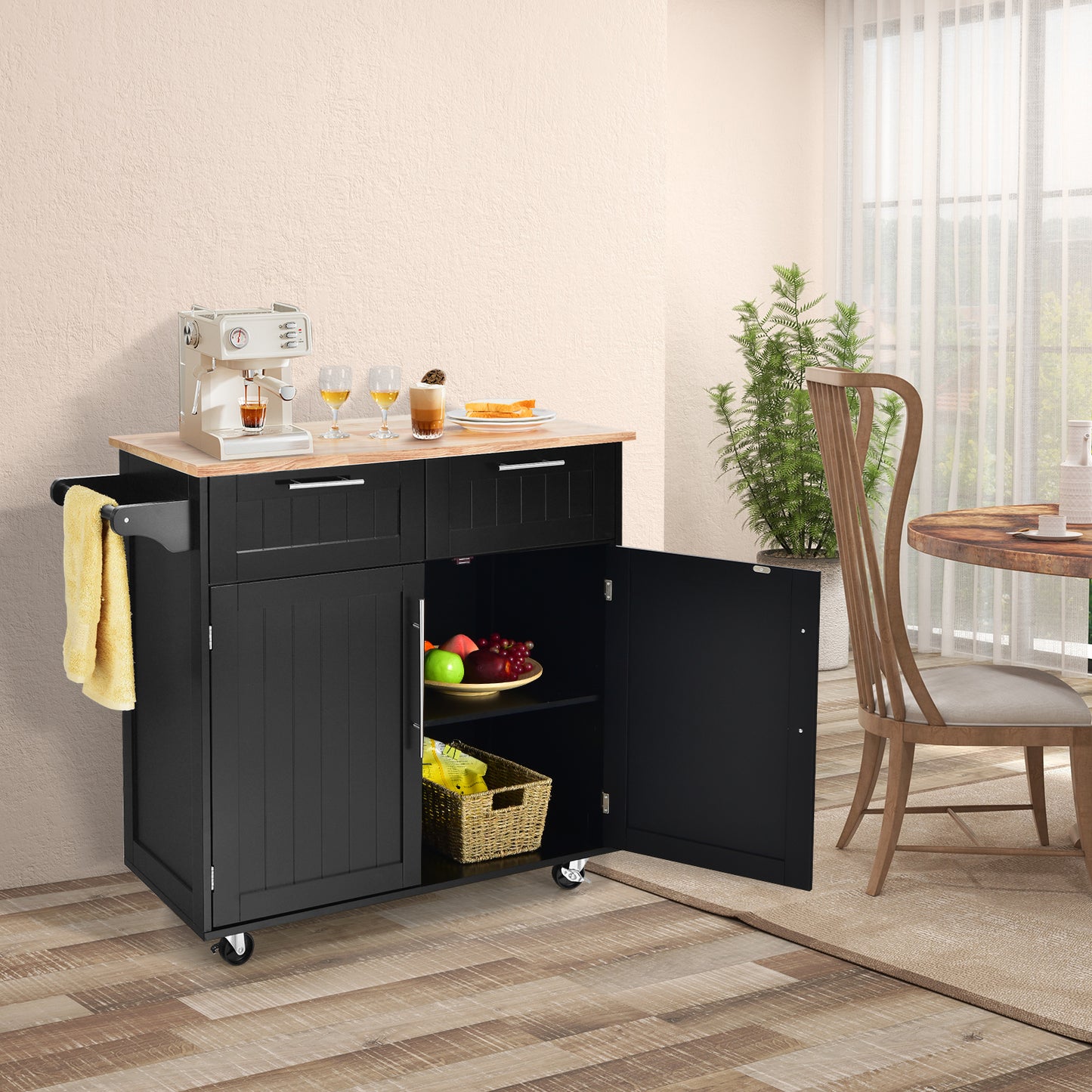 Premium Rolling Kitchen Storage Cart with Tower Holder Drawer and Towel Rack - Black