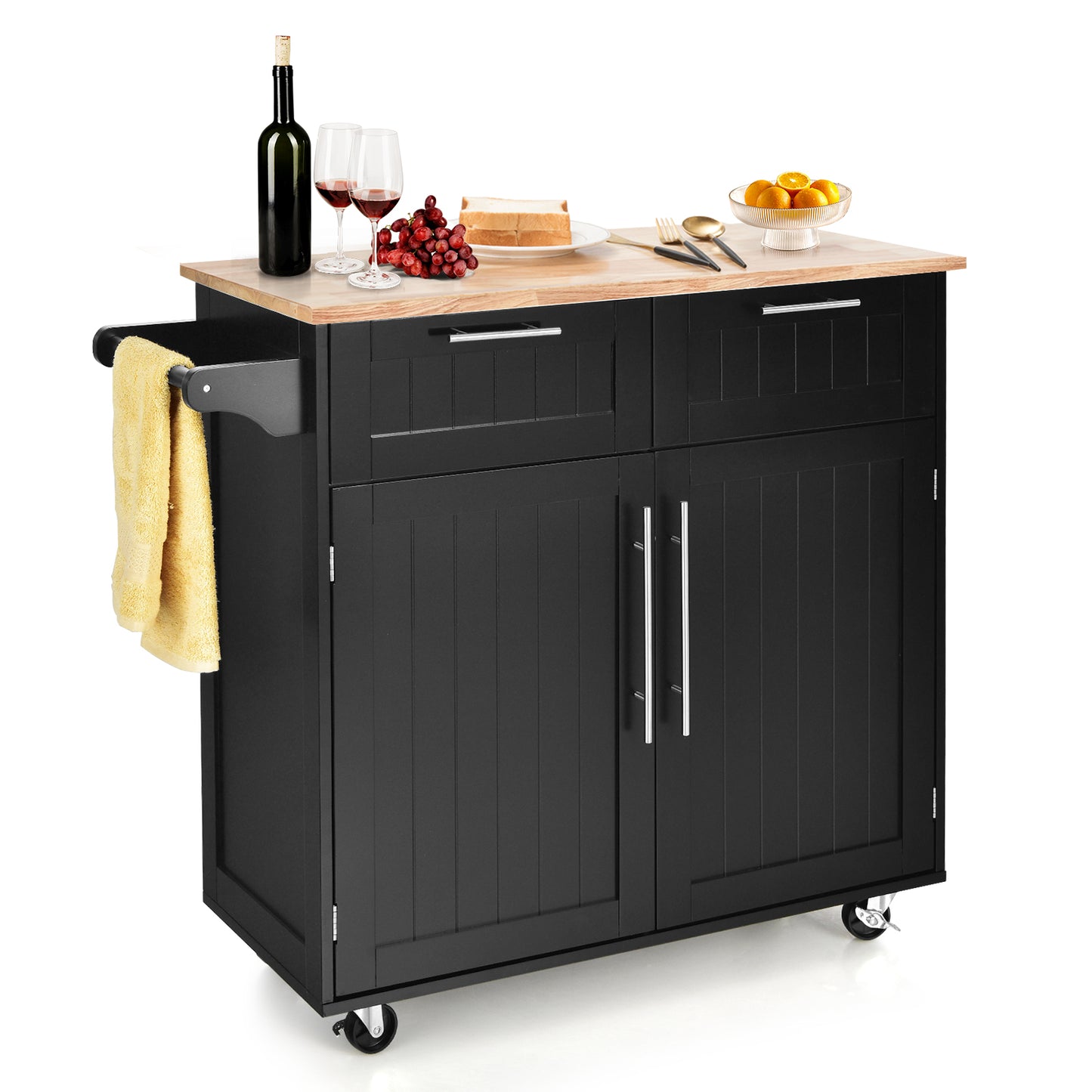 Premium Rolling Kitchen Storage Cart with Tower Holder Drawer and Towel Rack - Black
