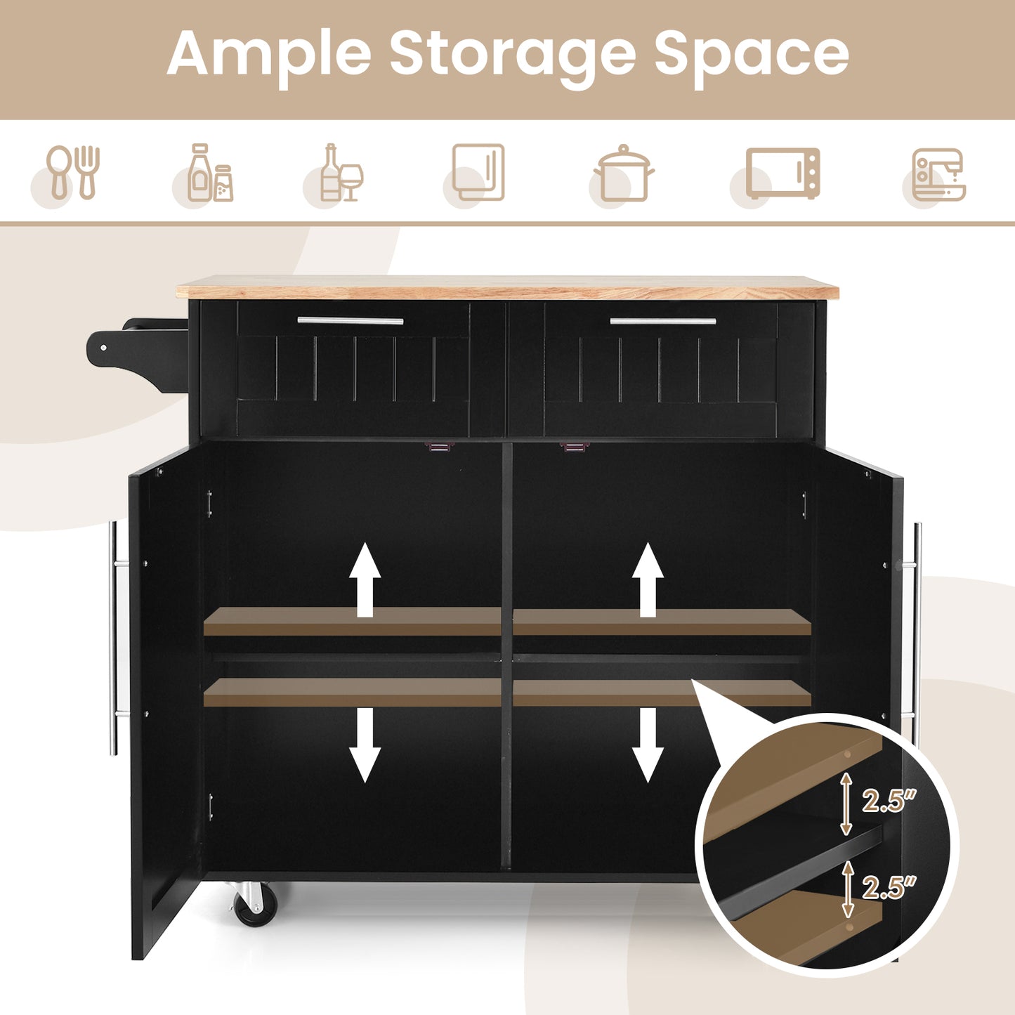 Premium Rolling Kitchen Storage Cart with Tower Holder Drawer and Towel Rack - Black