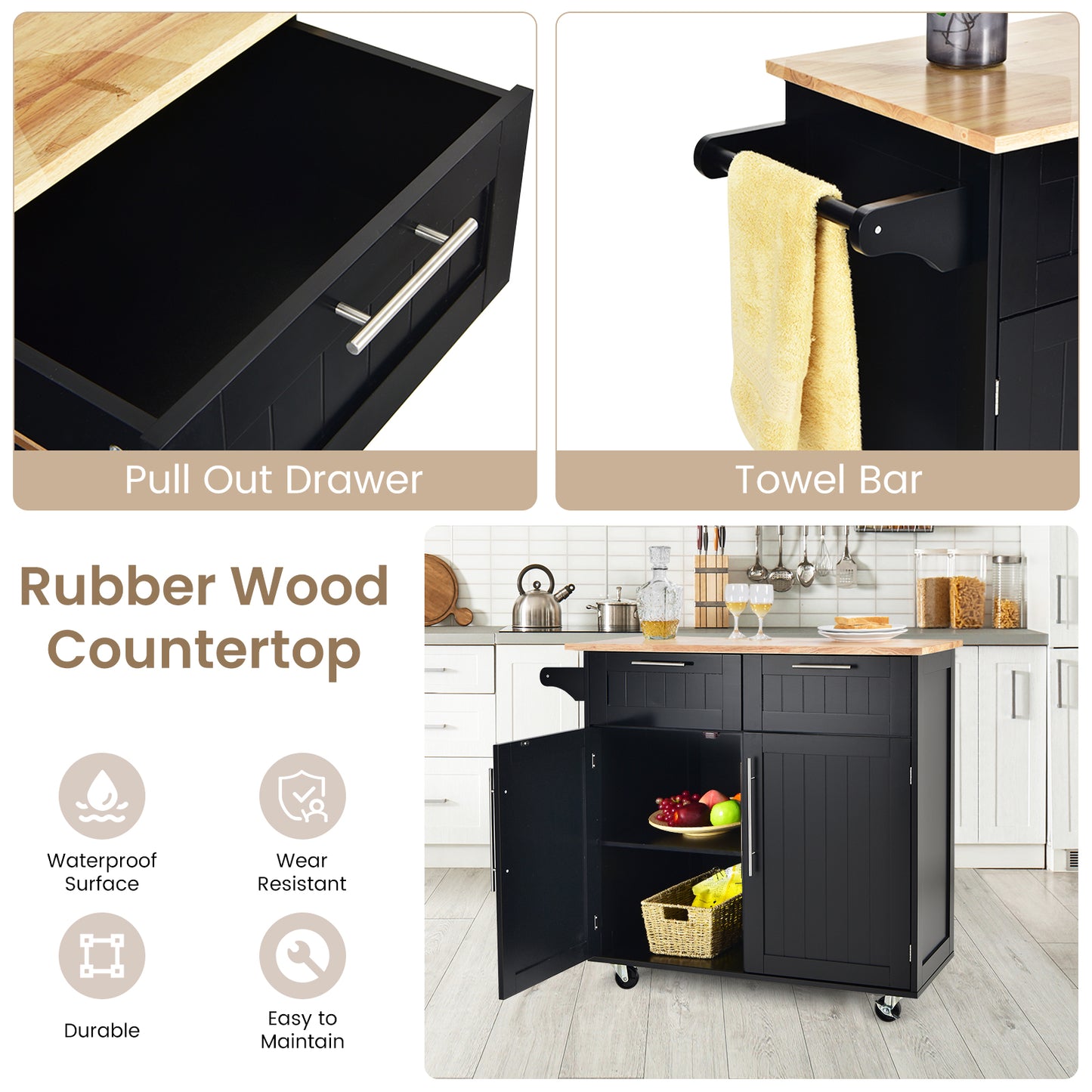 Premium Rolling Kitchen Storage Cart with Tower Holder Drawer and Towel Rack - Black