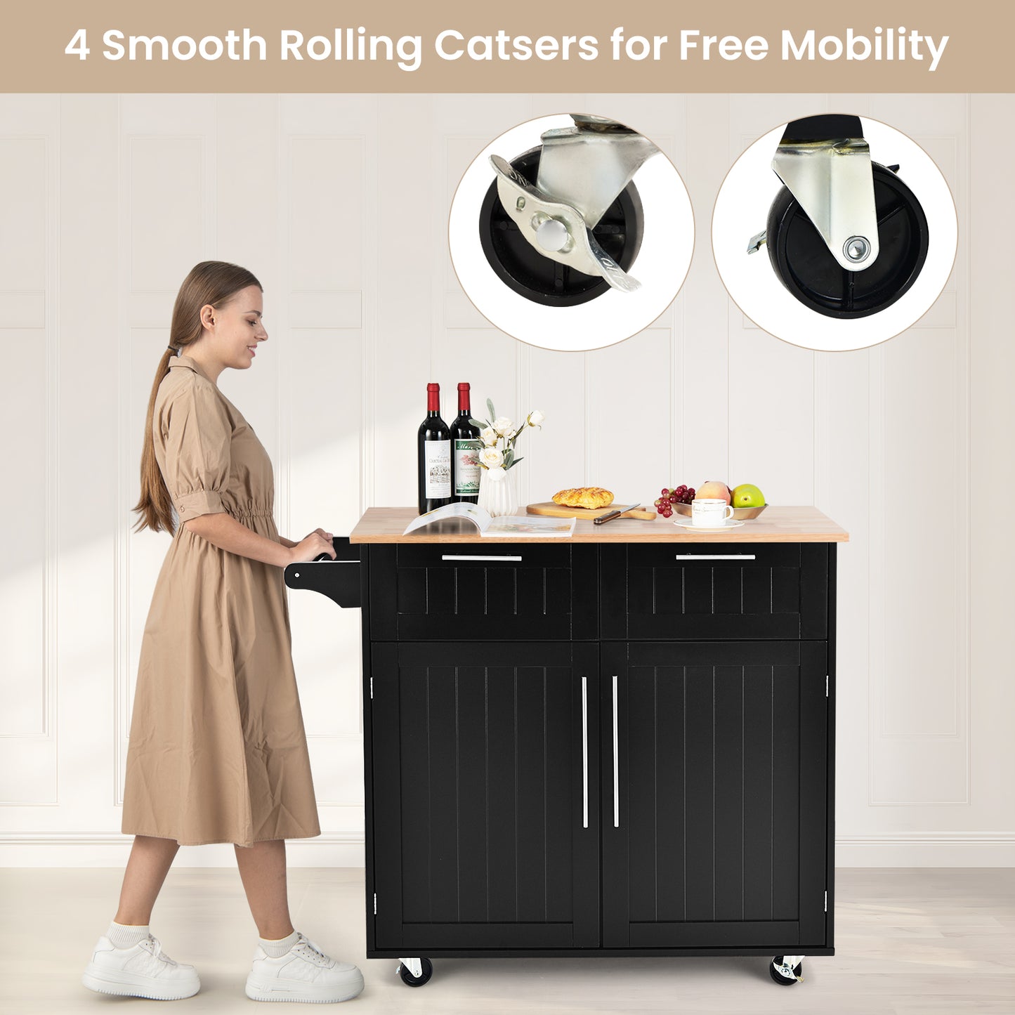 Premium Rolling Kitchen Storage Cart with Tower Holder Drawer and Towel Rack - Black