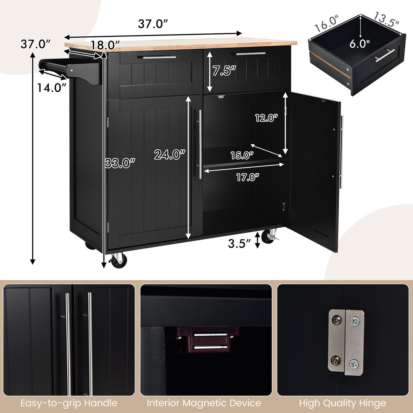 Premium Rolling Kitchen Storage Cart with Tower Holder Drawer and Towel Rack - Black
