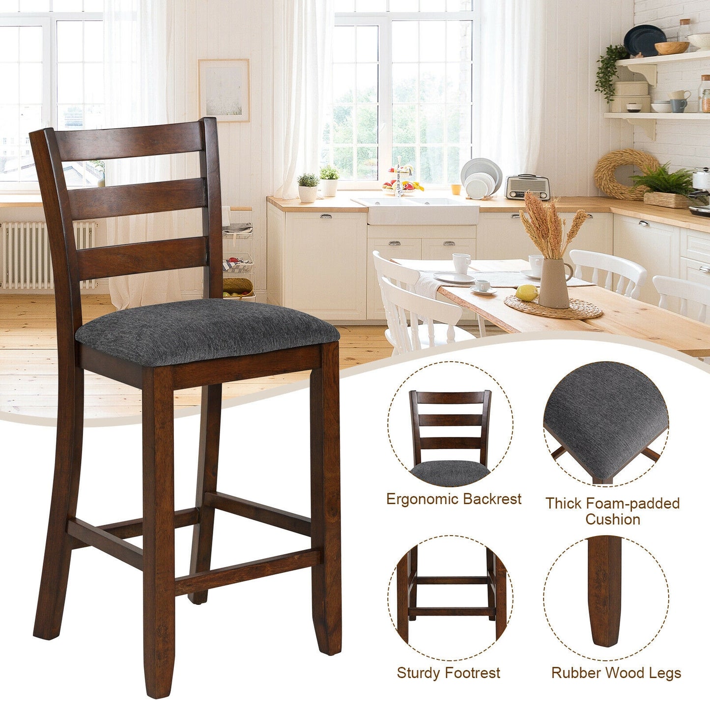 Set of 2 Stylish Counter Height Chairs with Soft Fabric Upholstery and Solid Rubberwood Frames