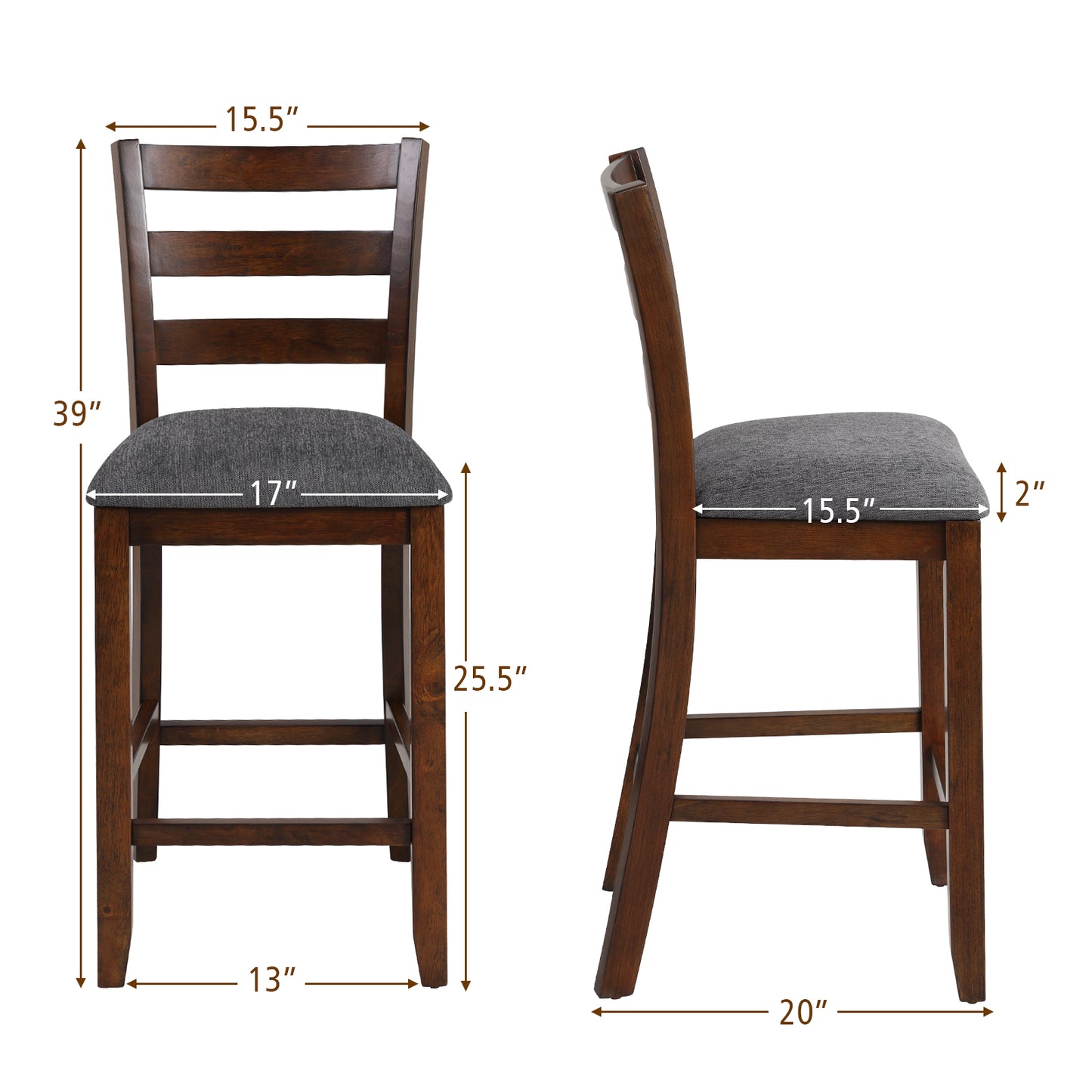 Set of 2 Stylish Counter Height Chairs with Soft Fabric Upholstery and Solid Rubberwood Frames