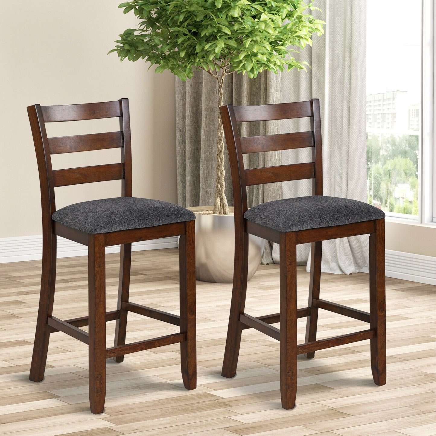 Set of 2 Stylish Counter Height Chairs with Soft Fabric Upholstery and Solid Rubberwood Frames