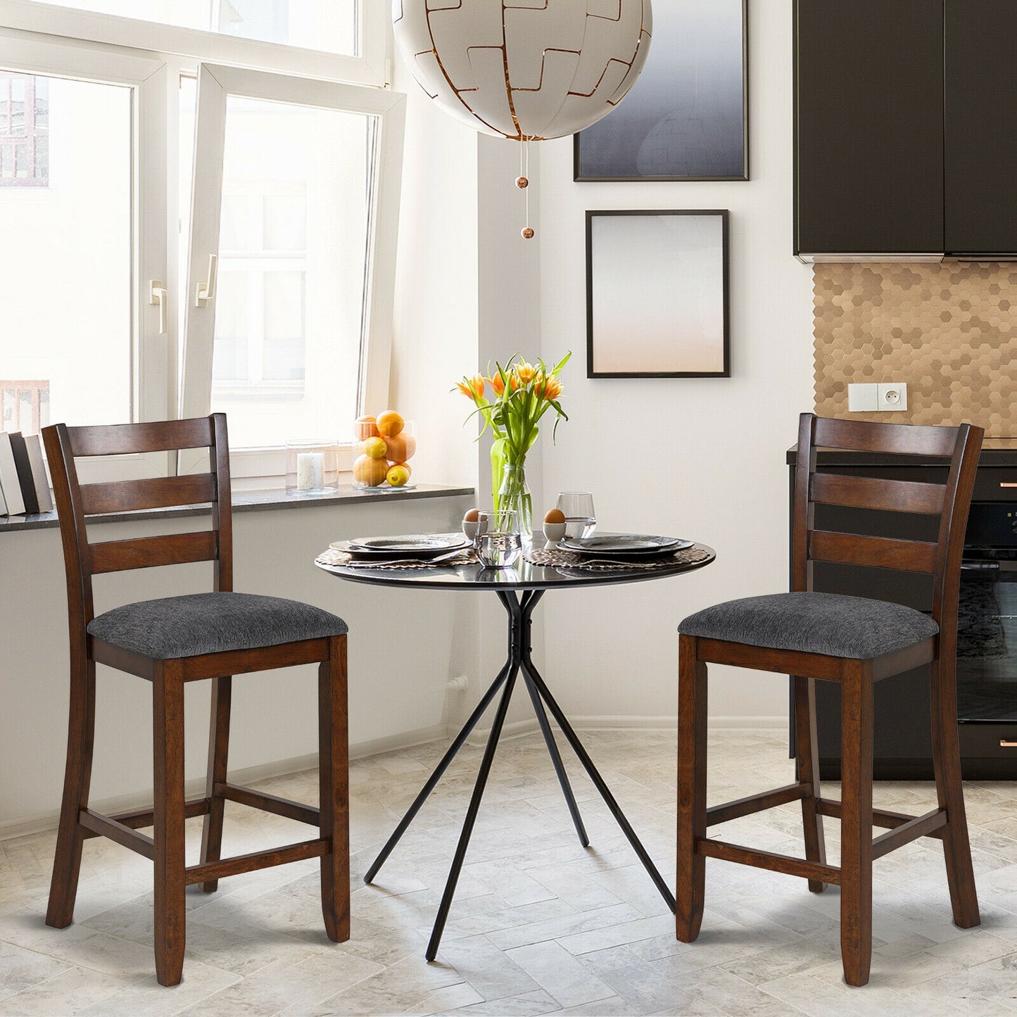 Set of 2 Stylish Counter Height Chairs with Soft Fabric Upholstery and Solid Rubberwood Frames
